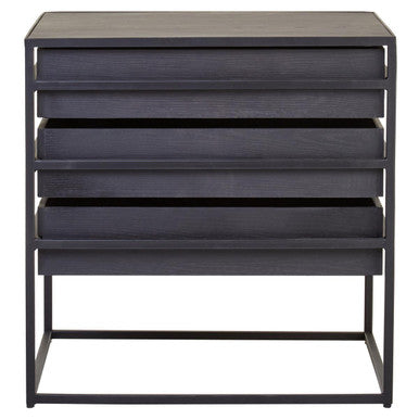 Black Finish 3-Drawer Side Table with Metallic Handles and Iron Frame, Judd
