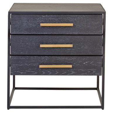 Black Finish 3-Drawer Side Table with Metallic Handles and Iron Frame, Judd