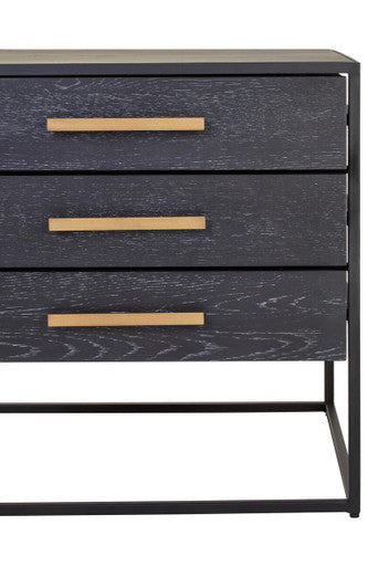 Black Finish 3-Drawer Side Table with Metallic Handles and Iron Frame, Judd