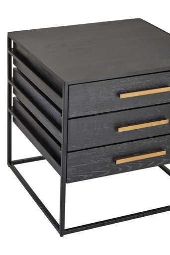 Black Finish 3-Drawer Side Table with Metallic Handles and Iron Frame, Judd