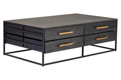 Black Finish 4-Drawer Coffee Table with Metallic Handles and Iron Frame, Judd