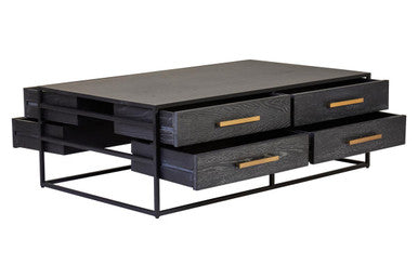 Black Finish 4-Drawer Coffee Table with Metallic Handles and Iron Frame, Judd