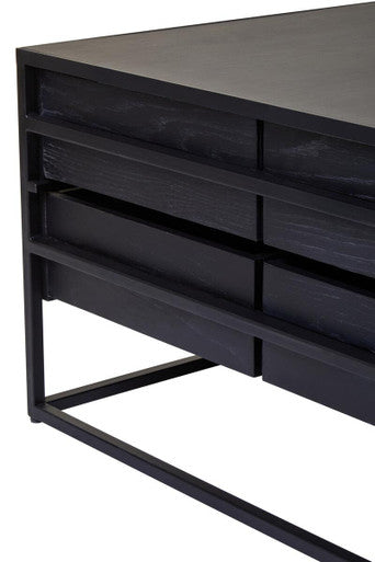 Black Finish 4-Drawer Coffee Table with Metallic Handles and Iron Frame, Judd
