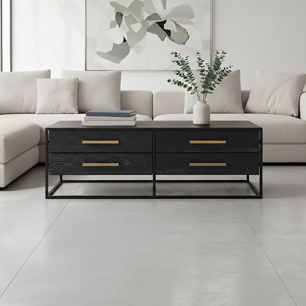 Black Finish 4-Drawer Coffee Table with Metallic Handles and Iron Frame, Judd