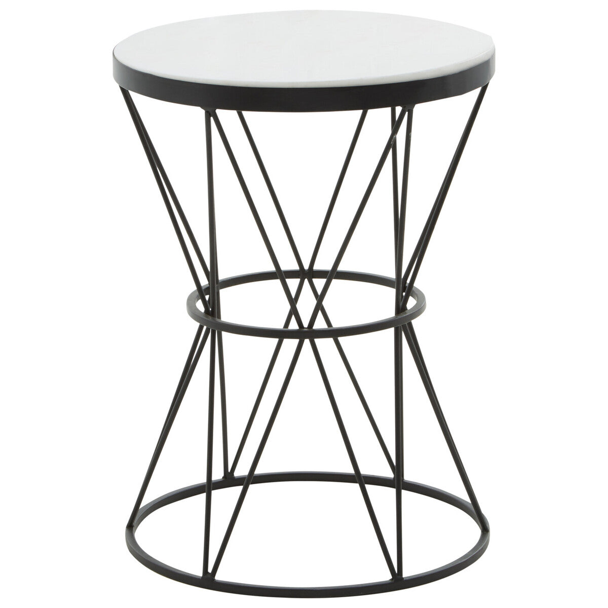 White Marble Top Side Table with Black Triangular Iron Base, Shalimar