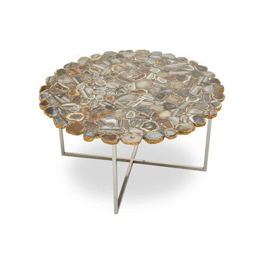 Silver and Assorted Agate Stone Top Coffee Table with Stainless Steel Cross Legs, Rabia