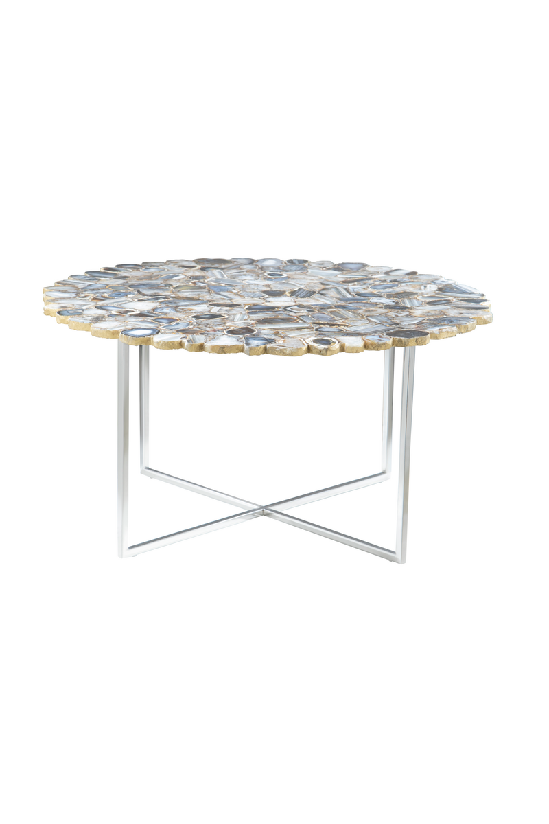 Silver and Assorted Agate Stone Top Coffee Table with Stainless Steel Cross Legs, Rabia