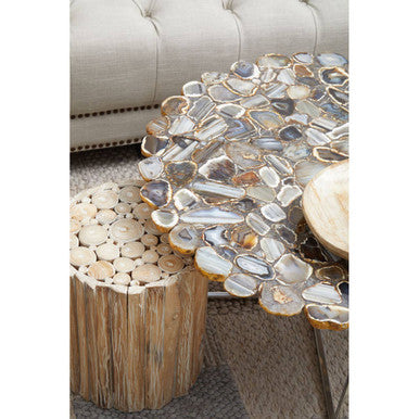 Silver and Assorted Agate Stone Top Coffee Table with Stainless Steel Cross Legs, Rabia