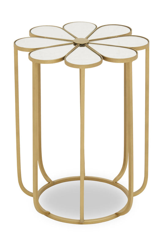 White and Gold Iron Frame Side Table with Petal Design Mirrored Top, Rabia