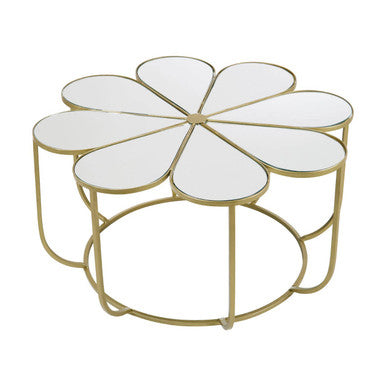 Silver and Gold Iron Frame Coffee Table with Petal Design Mirrored Top, Rabia