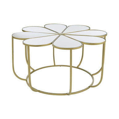 Silver and Gold Iron Frame Coffee Table with Petal Design Mirrored Top, Rabia
