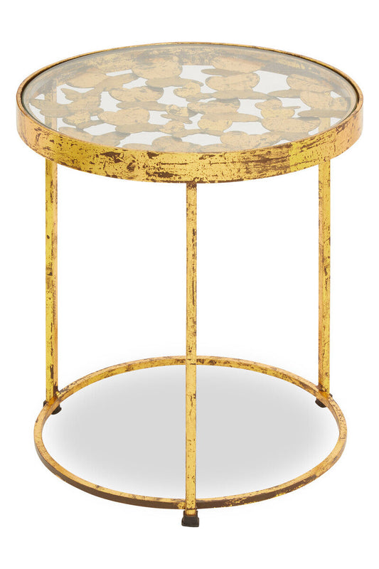 Butterfly Design Clear Glass Top Side Table with Gold Finish Wireframe Base, Rabia