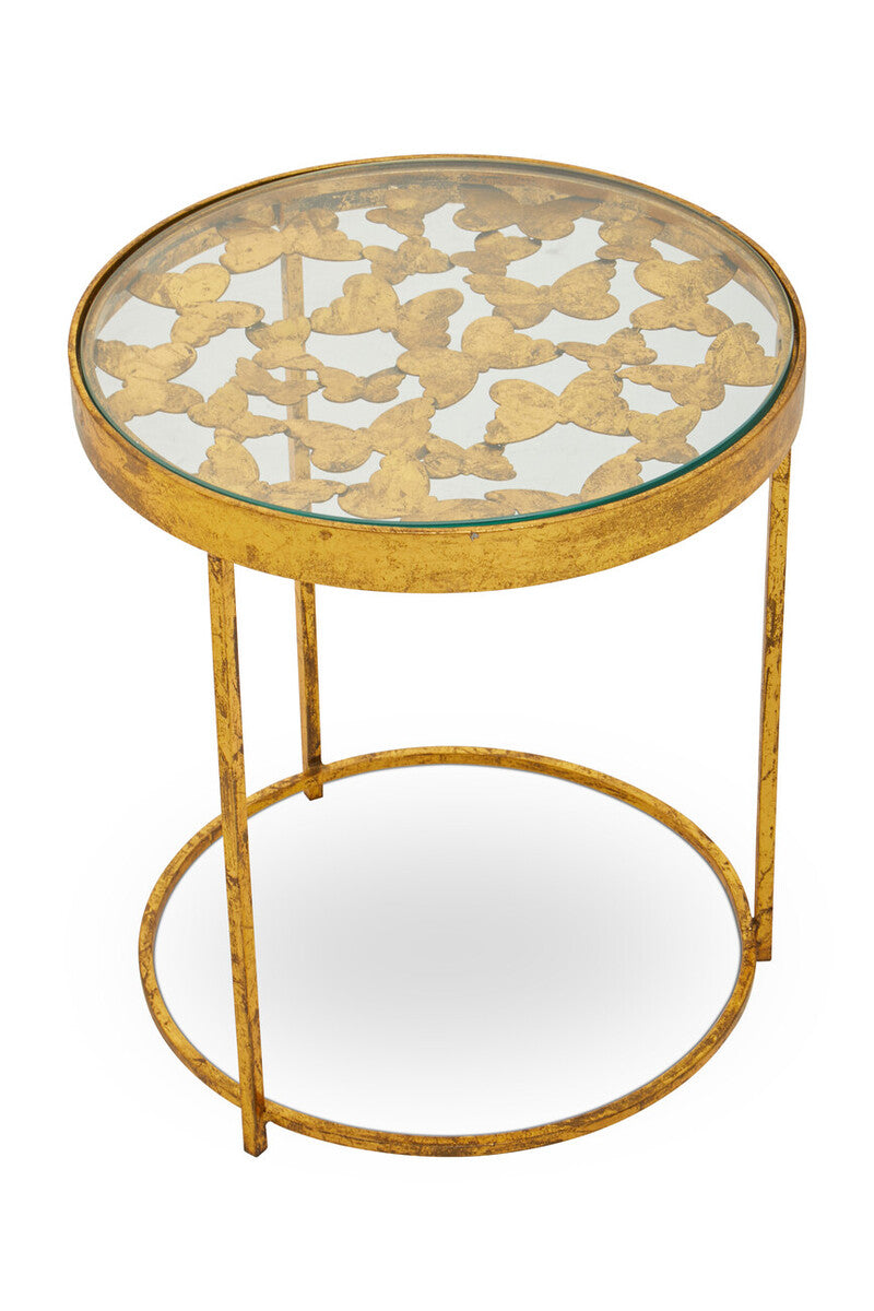 Butterfly Design Clear Glass Top Side Table with Gold Finish Wireframe Base, Rabia