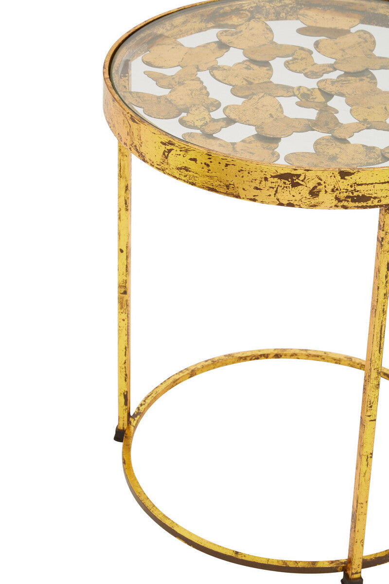 Butterfly Design Clear Glass Top Side Table with Gold Finish Wireframe Base, Rabia
