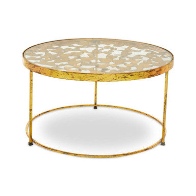 Butterfly Design Clear Glass Top Coffee Table with Gold Finish Wireframe Base, Rabia