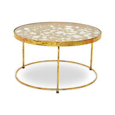 Butterfly Design Clear Glass Top Coffee Table with Gold Finish Wireframe Base, Rabia