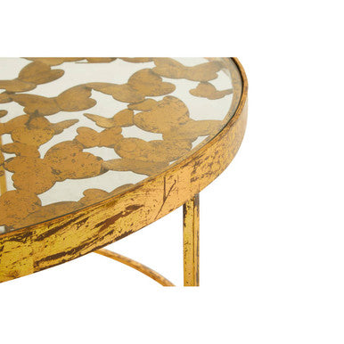 Butterfly Design Clear Glass Top Coffee Table with Gold Finish Wireframe Base, Rabia