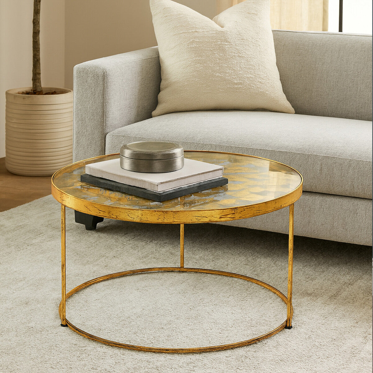 Butterfly Design Clear Glass Top Coffee Table with Gold Finish Wireframe Base, Rabia