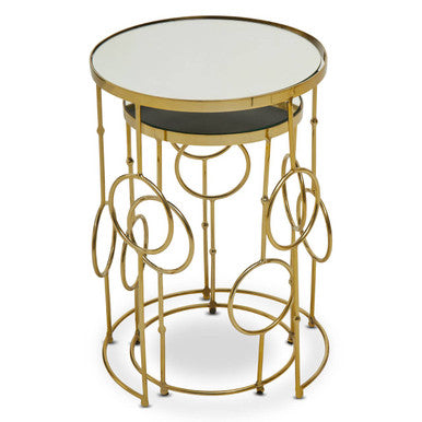 Gold Warm Metallic Finish Set of 2 Side Table with Multi Circle Pattern, Rabia