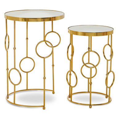 Gold Warm Metallic Finish Set of 2 Side Table with Multi Circle Pattern, Rabia