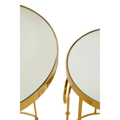 Gold Warm Metallic Finish Set of 2 Side Table with Multi Circle Pattern, Rabia