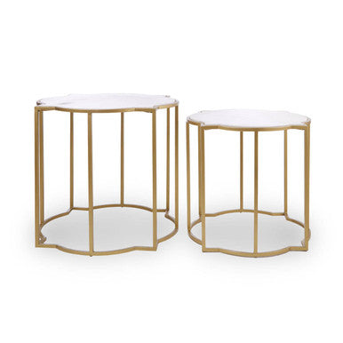 White Marble Quatrefoil Top Set of 2 Side Table with Brass Finish Frames, Rabia