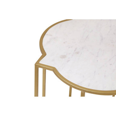 White Marble Quatrefoil Top Set of 2 Side Table with Brass Finish Frames, Rabia
