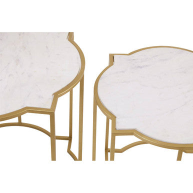 White Marble Quatrefoil Top Set of 2 Side Table with Brass Finish Frames, Rabia