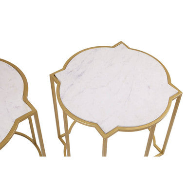 White Marble Quatrefoil Top Set of 2 Side Table with Brass Finish Frames, Rabia