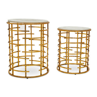Set of 2 White Marble Tops Round Nesting Tables with Gold Metallic Base, Rabia