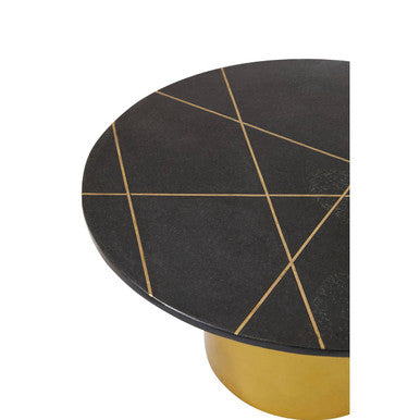 White Marble Round Top Coffee Table with Sculptural Geometric Gold Base, Rabia