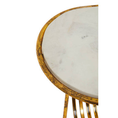White Marble Top Side Table with Curved Magazine Rack and Gold Metallic Frame, Rabia