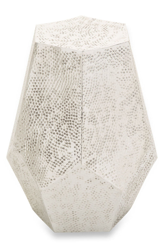 Grey Polished Aluminium Drum Side Table with Geometric Detail Pattern, Rabia