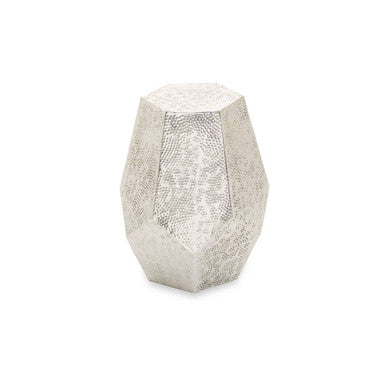 Grey Polished Aluminium Drum Side Table with Geometric Detail Pattern, Rabia