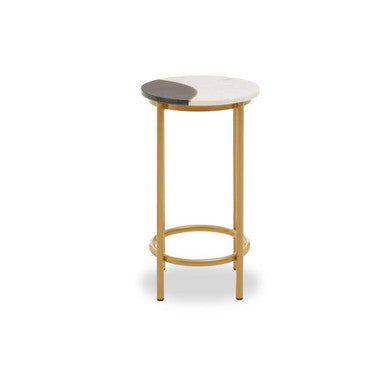 White Marble Shelf Round Side Table with Brass Finish Metal Frame, Vizzini