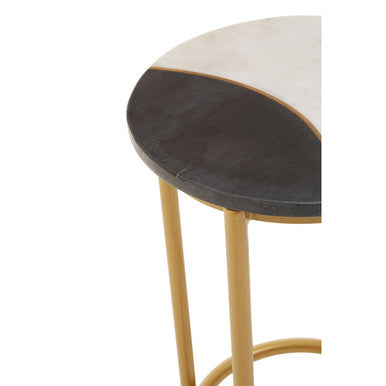 White Marble Shelf Round Side Table with Brass Finish Metal Frame, Vizzini