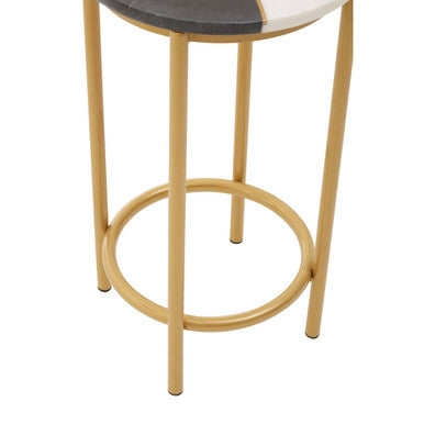 White Marble Shelf Round Side Table with Brass Finish Metal Frame, Vizzini
