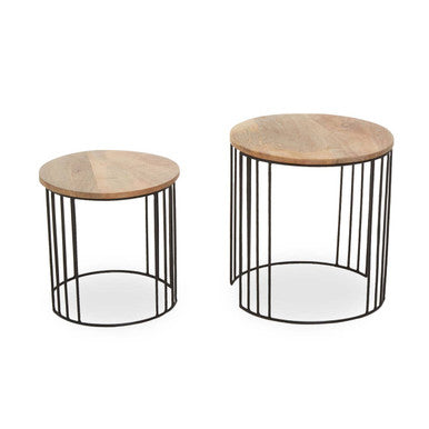 Set of 2 Natural Mango Wood Round Side Tables with Black Metallic Drum Shaped Open Frame, Nandri
