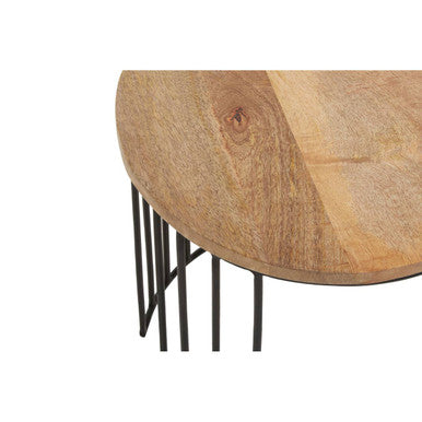 Set of 2 Natural Mango Wood Round Side Tables with Black Metallic Drum Shaped Open Frame, Nandri