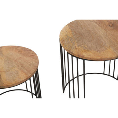 Set of 2 Natural Mango Wood Round Side Tables with Black Metallic Drum Shaped Open Frame, Nandri