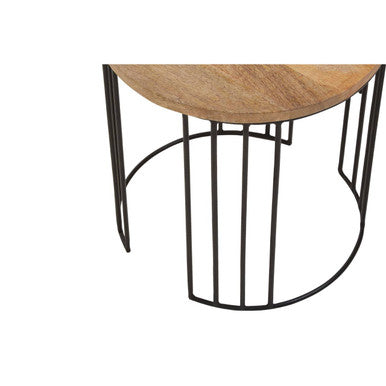 Set of 2 Natural Mango Wood Round Side Tables with Black Metallic Drum Shaped Open Frame, Nandri