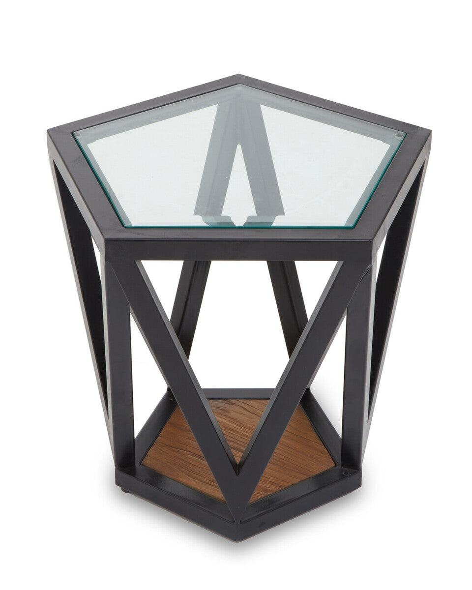 Black Geometric Metal Frame Hexagon Side Table with Tempered Glass Top and Wood Effect Base Inside, Cibo