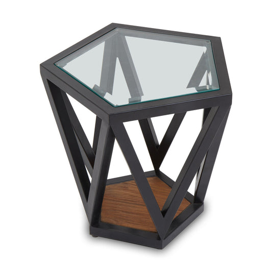Black Geometric Metal Frame Hexagon Side Table with Tempered Glass Top and Wood Effect Base Inside, Cibo