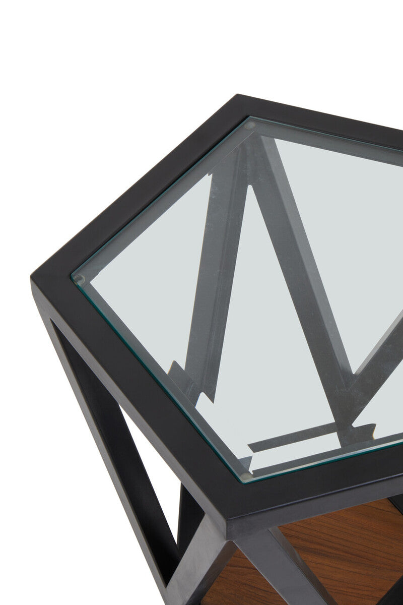 Black Geometric Metal Frame Hexagon Side Table with Tempered Glass Top and Wood Effect Base Inside, Cibo