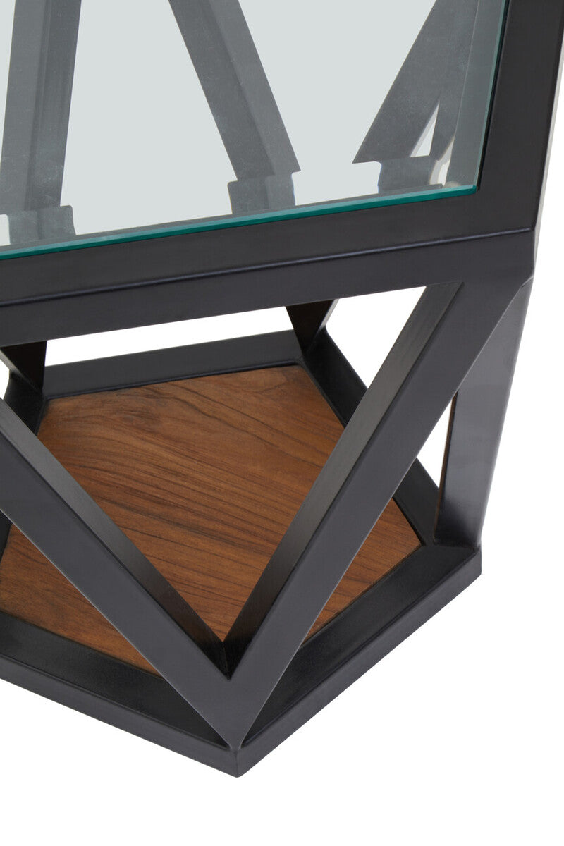 Black Geometric Metal Frame Hexagon Side Table with Tempered Glass Top and Wood Effect Base Inside, Cibo
