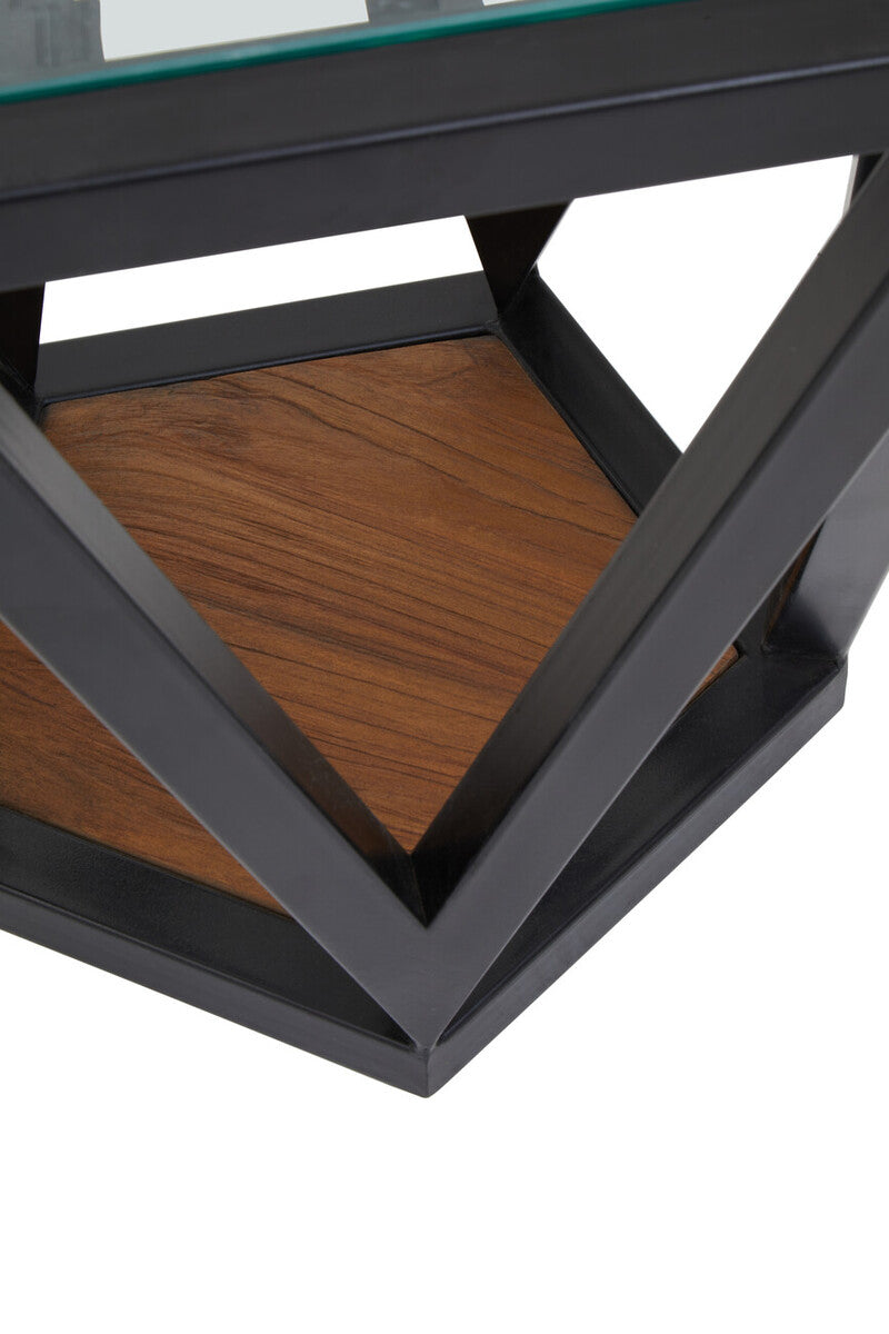 Black Geometric Metal Frame Hexagon Side Table with Tempered Glass Top and Wood Effect Base Inside, Cibo