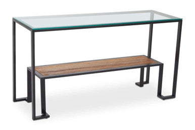 Tempered Glass Top 2-Tier Console Table with Wood Lower Shelf and Black Metallic Frame, Cibo