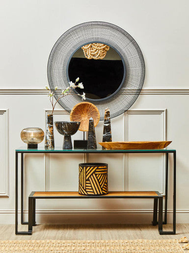 Tempered Glass Top 2-Tier Console Table with Wood Lower Shelf and Black Metallic Frame, Cibo