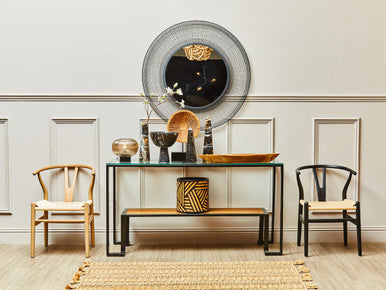 Tempered Glass Top 2-Tier Console Table with Wood Lower Shelf and Black Metallic Frame, Cibo