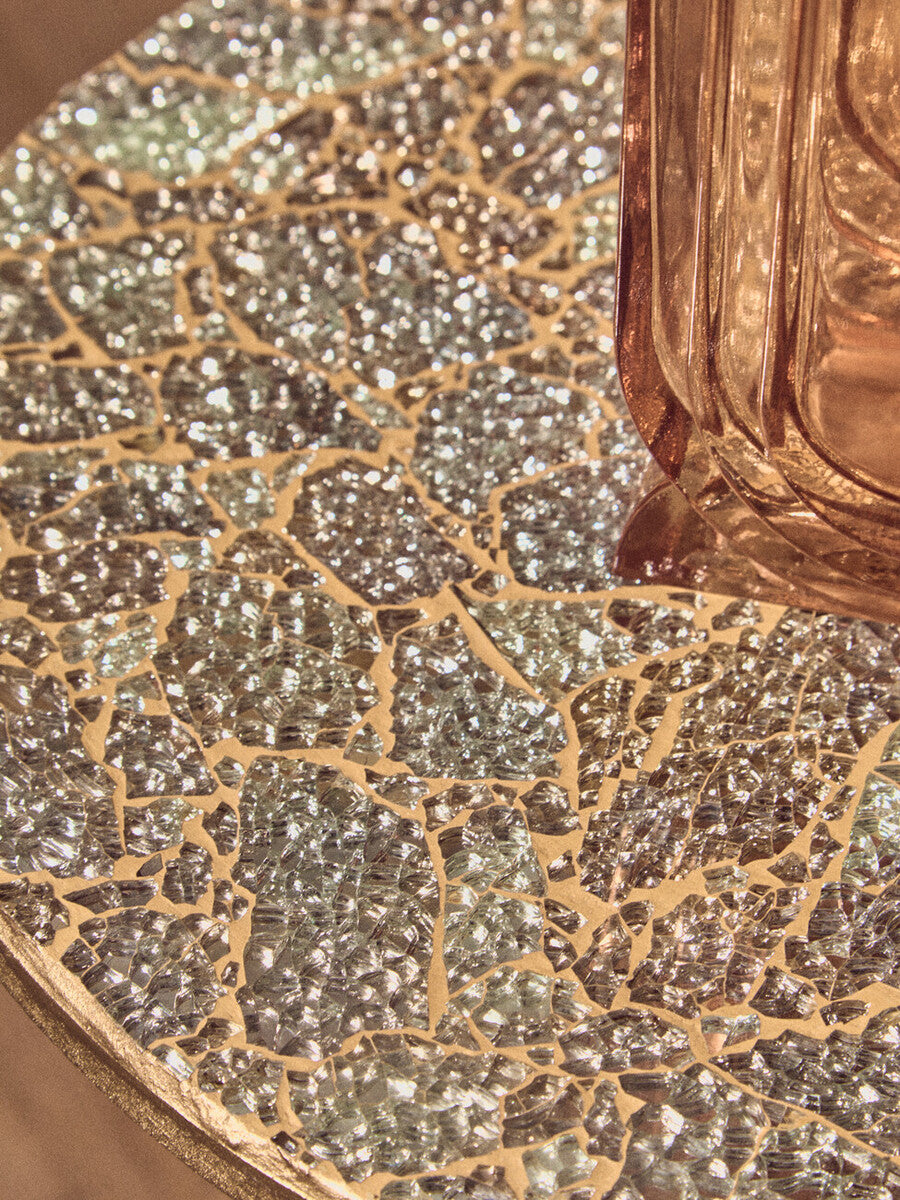 Geometric Mosaic Top Gold Finish Side Table with Slim Column and Round Base, Inventivo